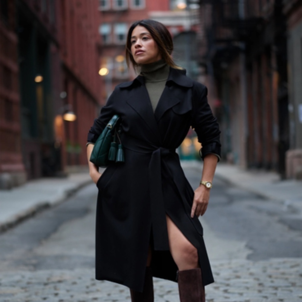 Anne Klein Black Long Belted Walker Coat